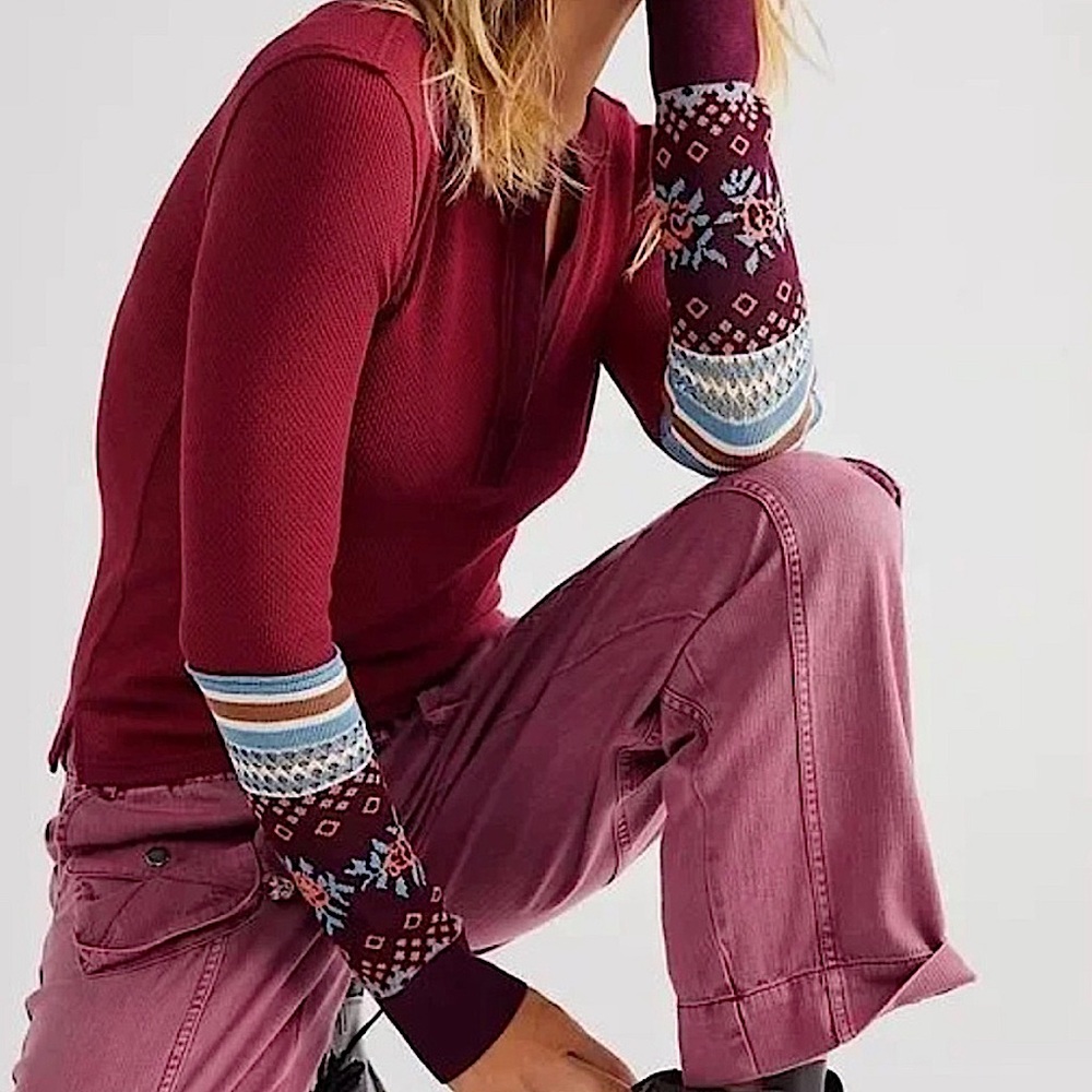 💕NWT Free People Mikah Layering Thermal Cuff Long Sleeve Top Dark Red Wine sz M